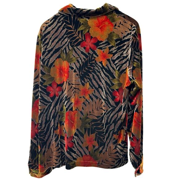 Vintage Sag Harbor Animal Print Vibrant Floral Velvet Button Up Shirt Top Sz XL - Picture 3 of 6